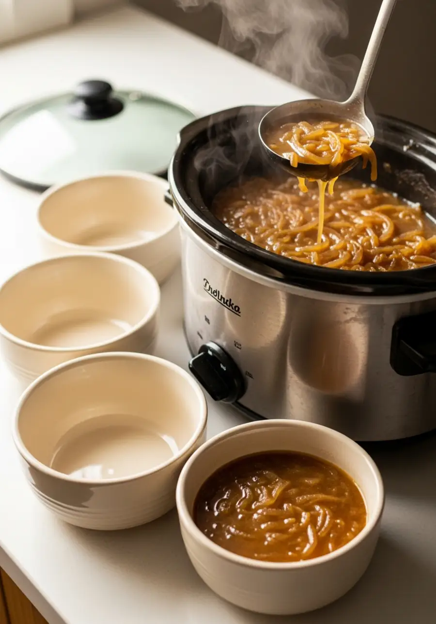 crockpot-french-onion-soup-serving Crockpot French onion soup being ladled into bowls with caramelized onions and rich beef broth