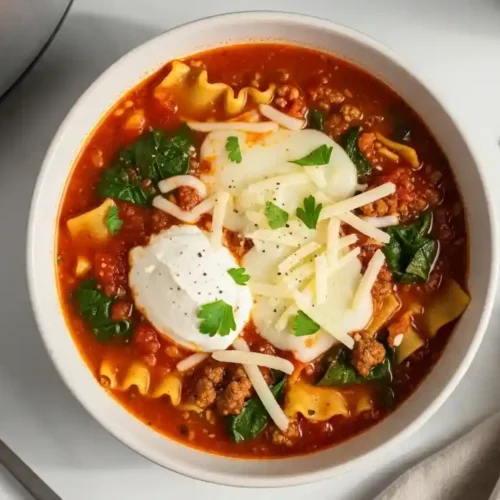 Crockpot Lasagna Soup Recipe: The Best Easy Weeknight Dinner 1 16:9 hero image of crockpot lasagna soup topped with ricotta, mozzarella, Parmesan, and parsley