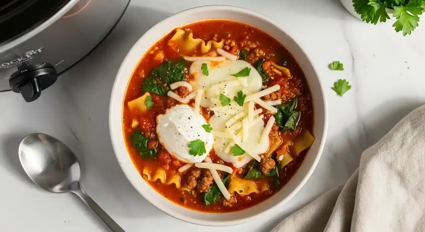 16:9 hero image of crockpot lasagna soup topped with ricotta, mozzarella, Parmesan, and parsley