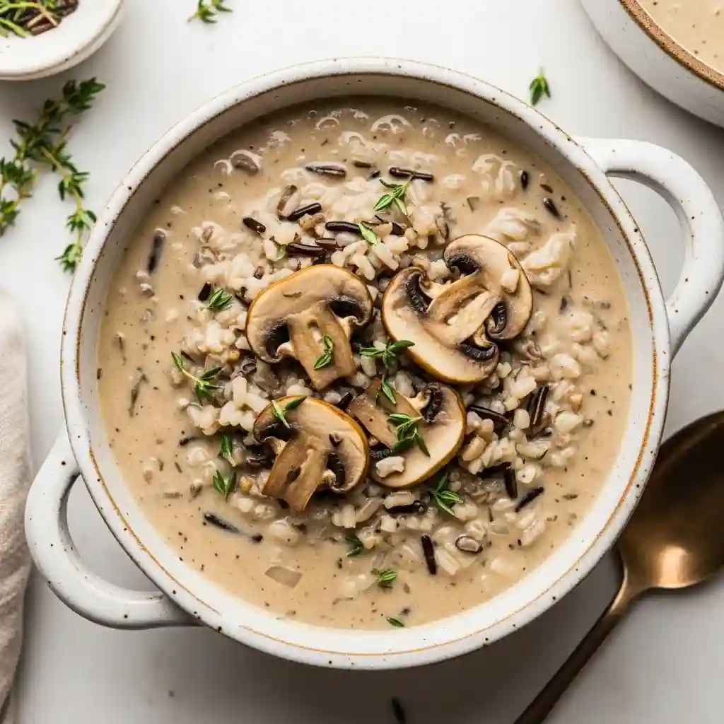Creamy crockpot mushroom and wild rice soup served in a white bowl with thyme