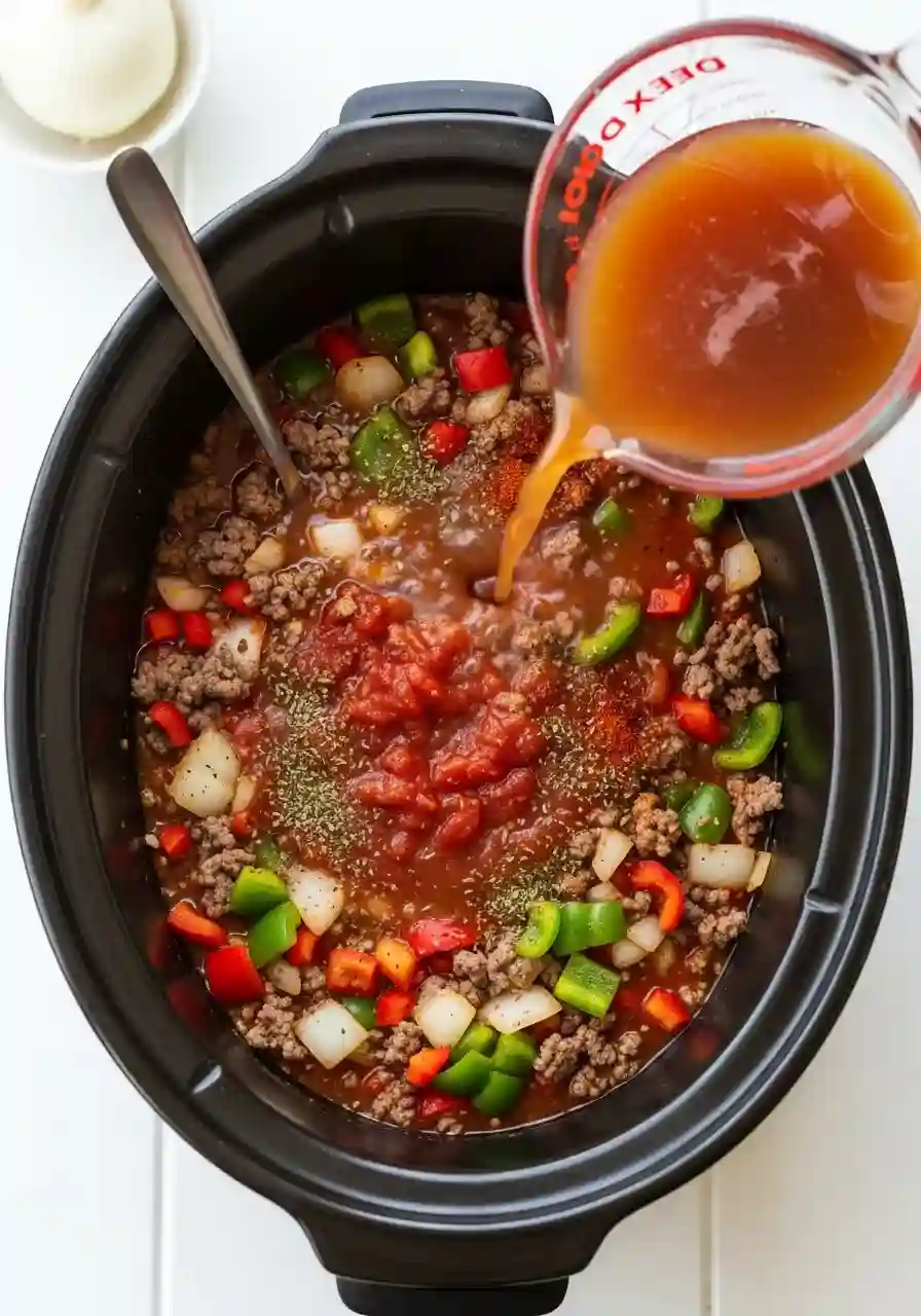 crockpot-stuffed-pepper-soup-step-2-add-ingredients._compressed Ingredients being added to a crockpot for stuffed pepper soup