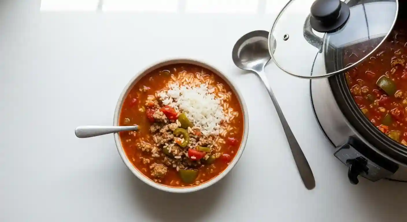 crockpot-stuffed-pepper-soup-step-3-serve-with-rice._compressed Bowl of crockpot stuffed pepper soup with rice served next to the slow cooker