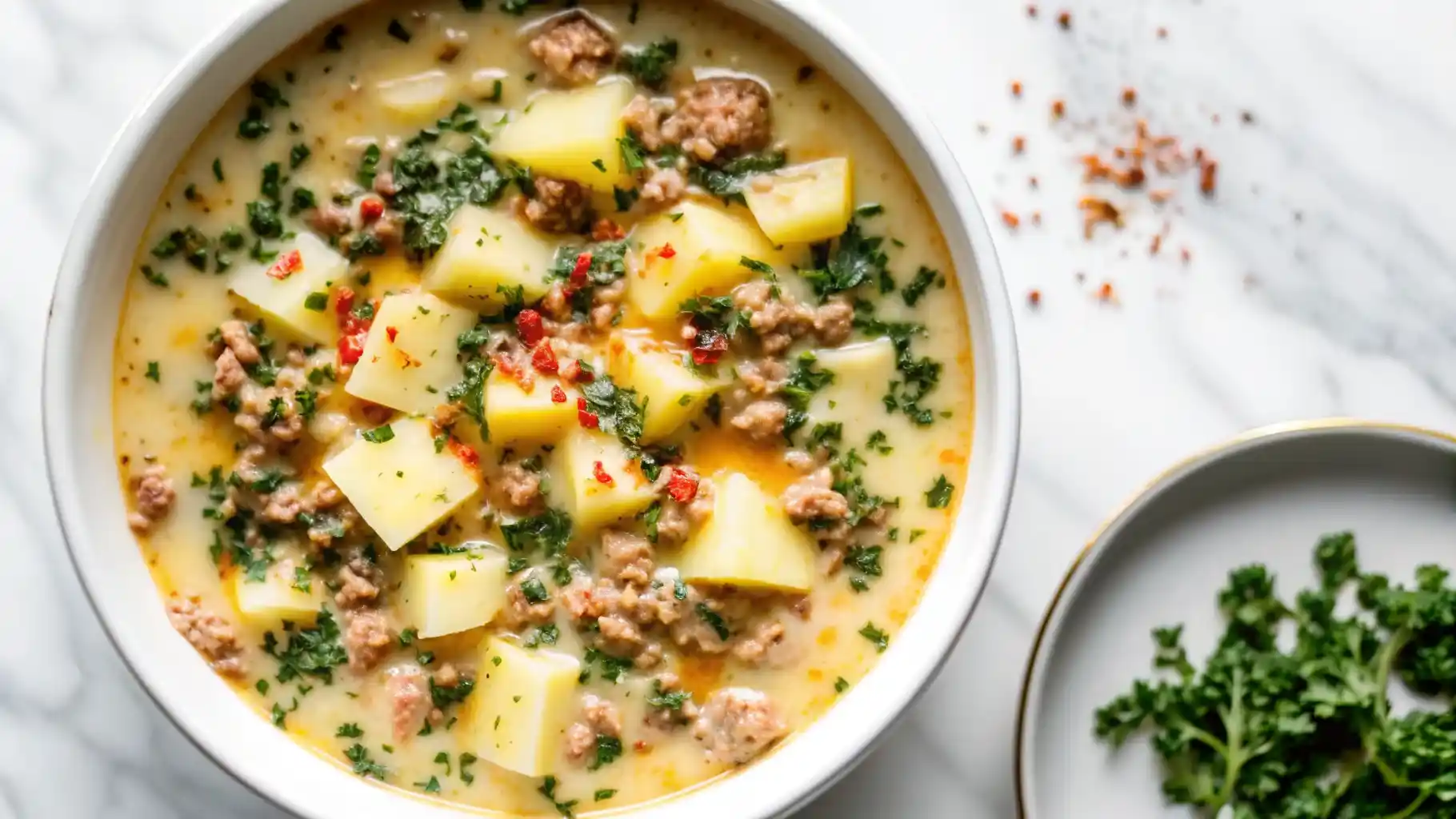 Bowl of creamy Zuppa Toscana with potatoes, sausage, and kale on a marble surface.