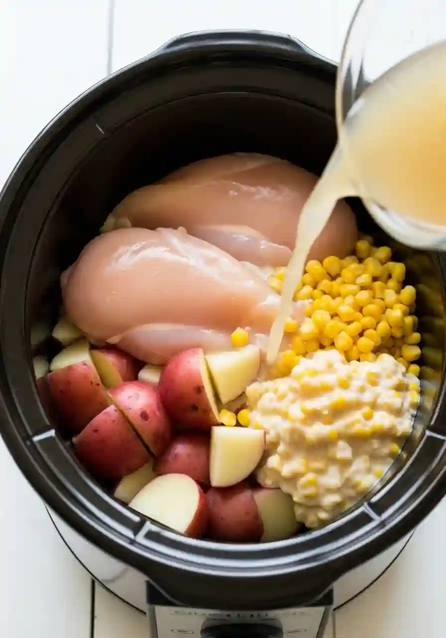 dump-crockpot-chicken-corn-chowder_compressed Ingredients added to slow cooker for crockpot chicken corn chowder soup