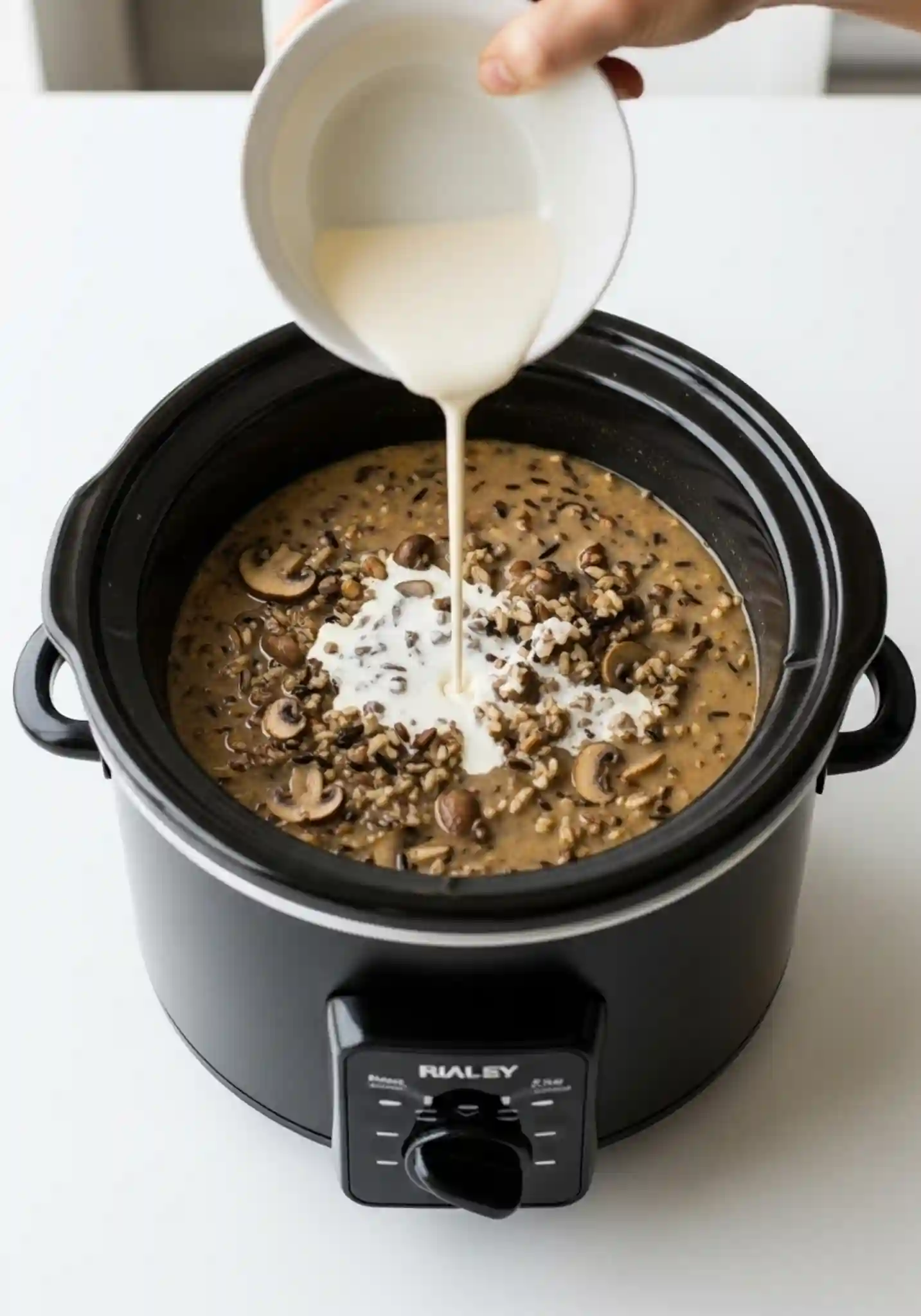 Adding tempered cream into crockpot mushroom and wild rice soup in a slow cooker