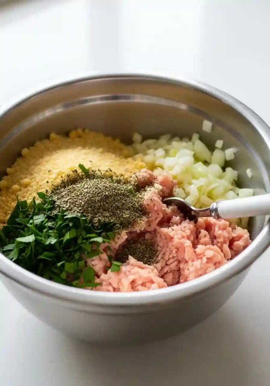 Mixing ground chicken meatball mixture in a bowl