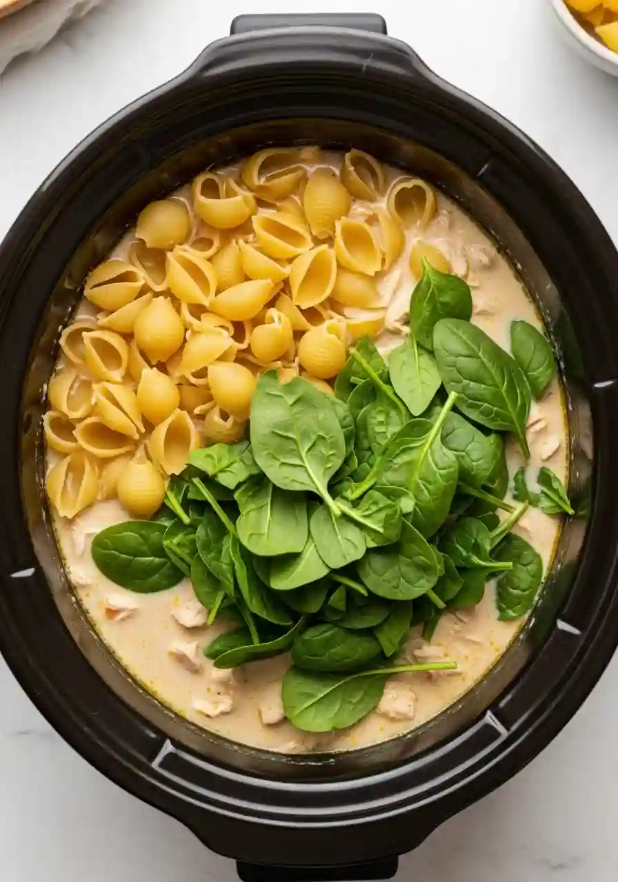 overhead-add-pasta-spinach-marry-me-chicken-soup._compressed Overhead view of pasta and spinach added to slow cooker for crockpot marry me chicken soup