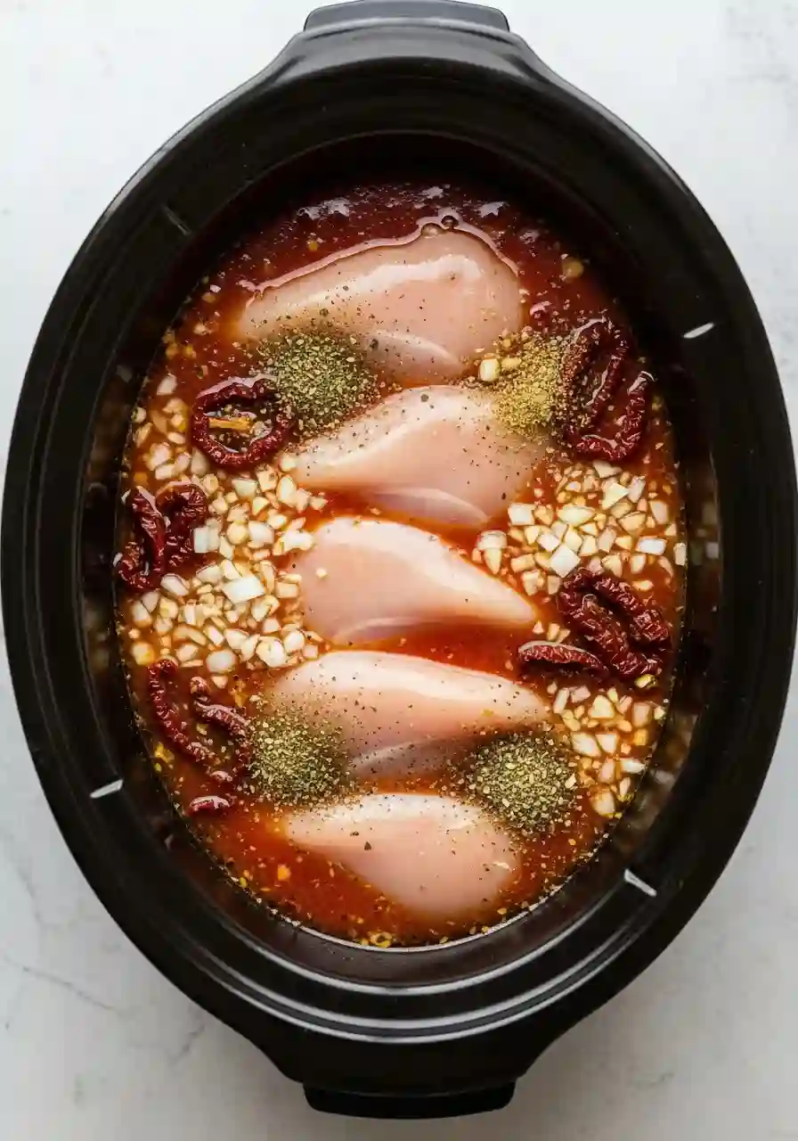 overhead-slow-cooker-ingredients-mixed-broth-marry-me-chicken-soup._compressed Overhead view of slow cooker with chicken and broth where tomato paste is mixed in for crockpot marry me chicken soup