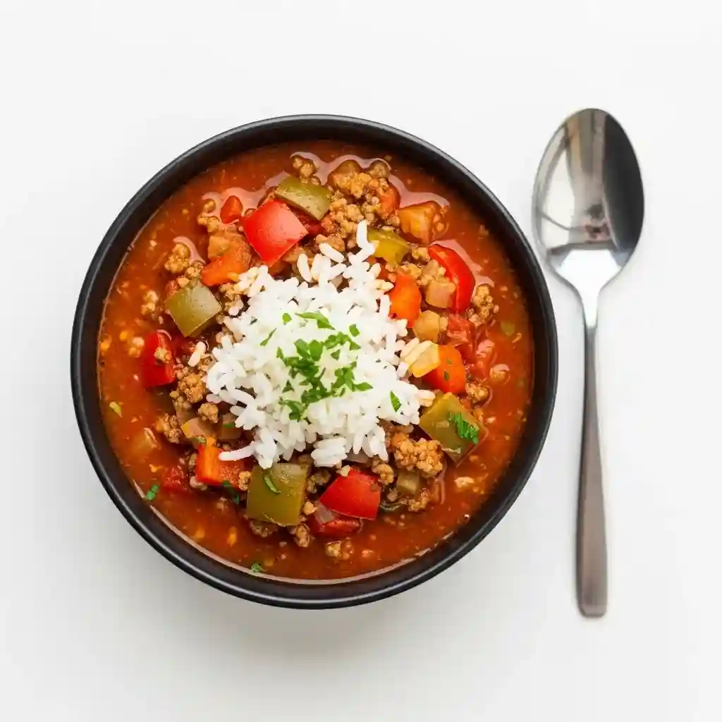 Overhead view of a black bowl filled with stuffed pepper soup, topped with rice and a spoon beside it on a white background.