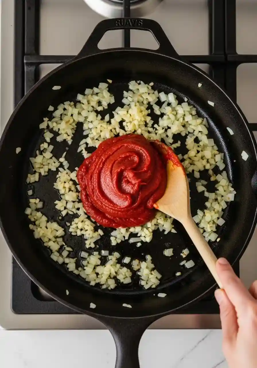 overhead-tomato-paste-skillet-marry-me-chicken-soup._compressed Overhead view of tomato paste stirred into onions and garlic in the same skillet for crockpot marry me chicken soup