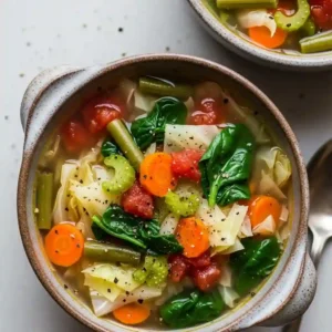 Slow Cooker Cabbage Soup That Actually Tastes Amazing 1 Overhead view of slow cooker cabbage soup in a ceramic bowl with vegetables.