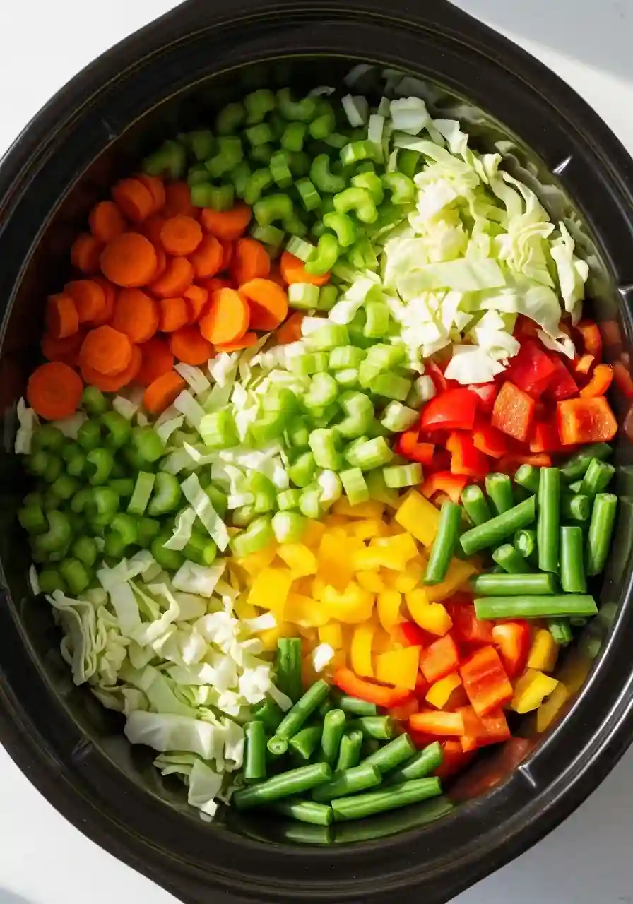 slow-cooker-cabbage-soup-step-1._compressed (1) Chopped vegetables added to a slow cooker for cabbage soup