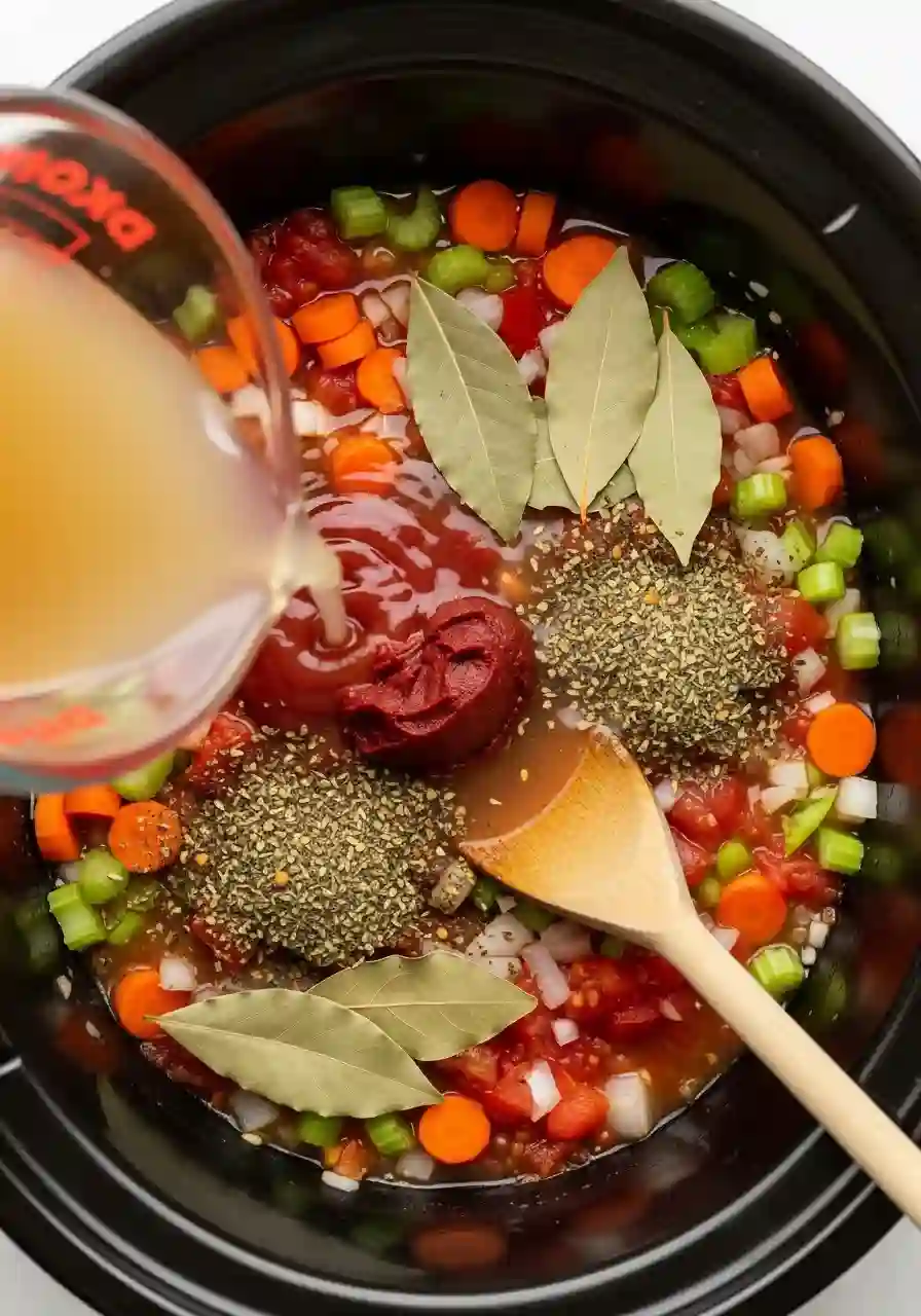 slow-cooker-cabbage-soup-step-2_compressed (1) Tomato broth and seasonings being added and stirred into slow cooker cabbage soup.