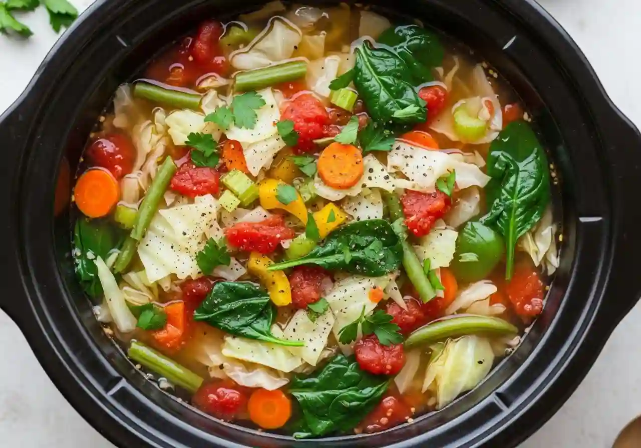 slow-cooker-cabbage-soup-step-3_compressed (1) Finished slow cooker cabbage soup with vegetables and fresh herbs in a crockpot.