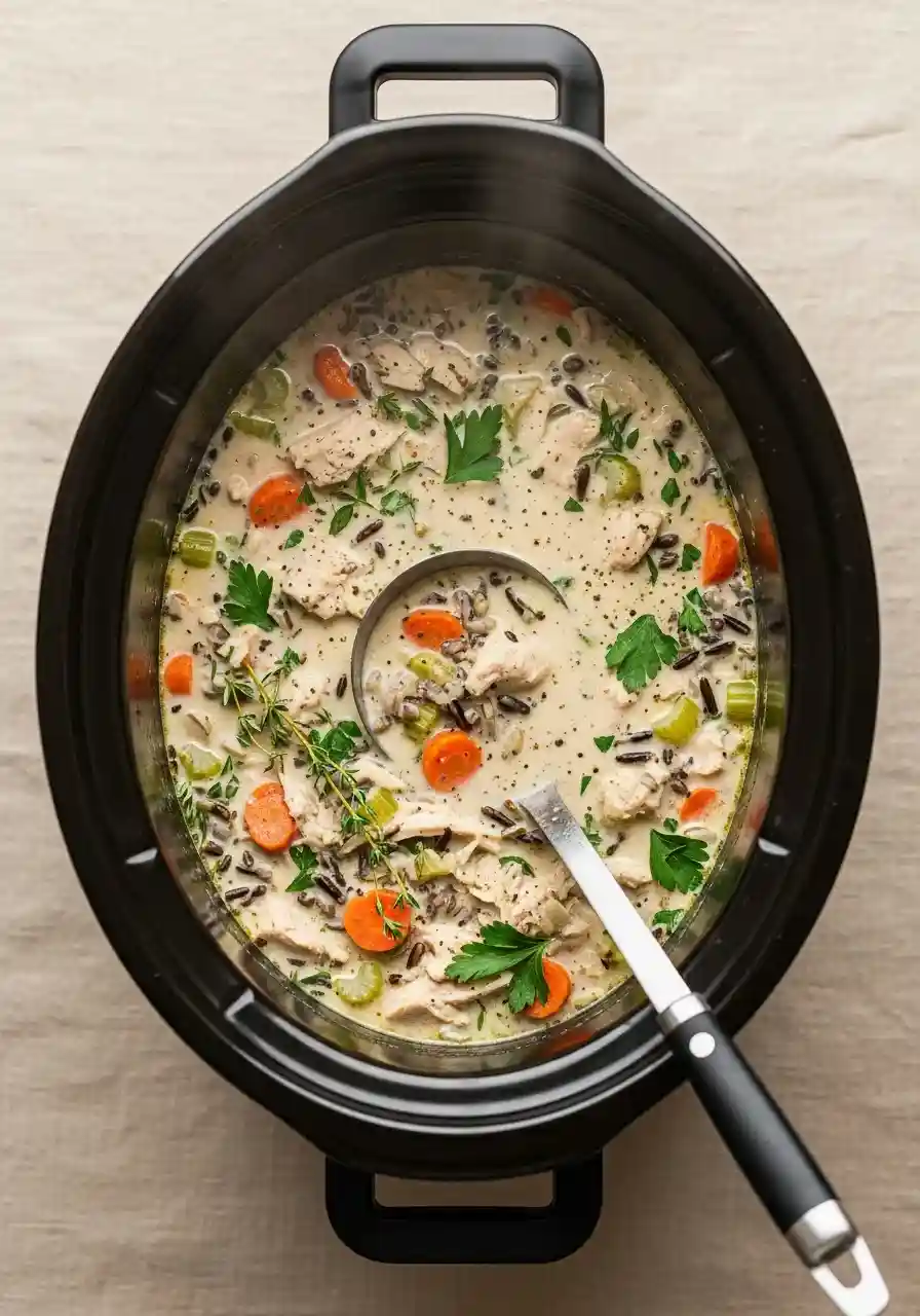 slow-cooker-chicken-wild-rice-soup-step 4_compressed Creamy chicken and wild rice soup in a slow cooker with carrots, herbs, and a ladle, viewed from overhead.