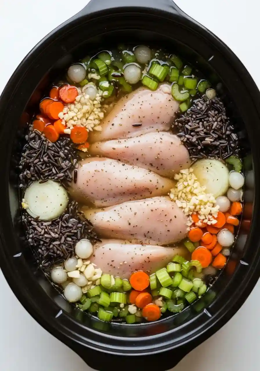 slow-cooker-chicken-wild-rice-soup-step1._compressed Raw ingredients layered inside a slow cooker before cooking.