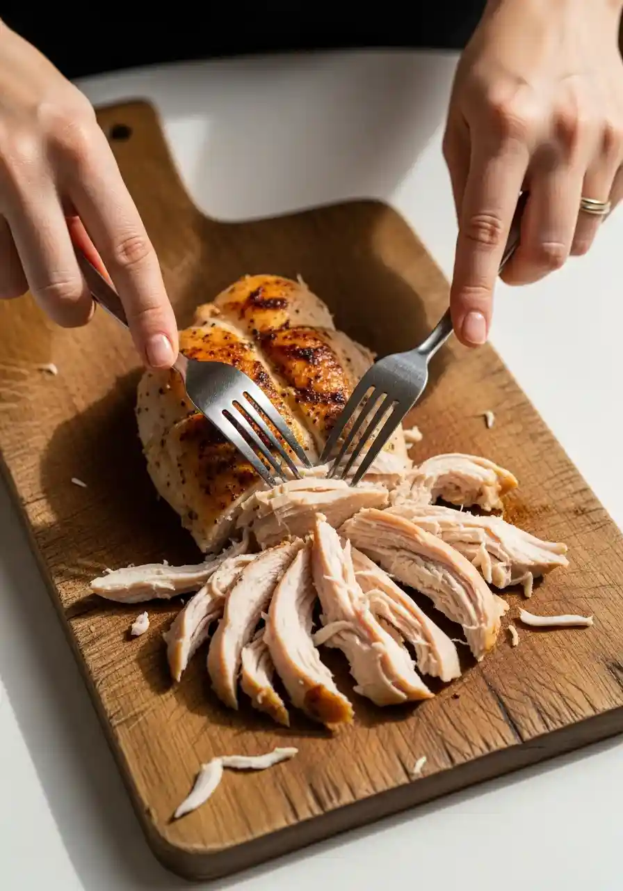 slow-cooker-chicken-wild-rice-soup-step2._compressed A woman’s hands shredding cooked chicken with two forks.