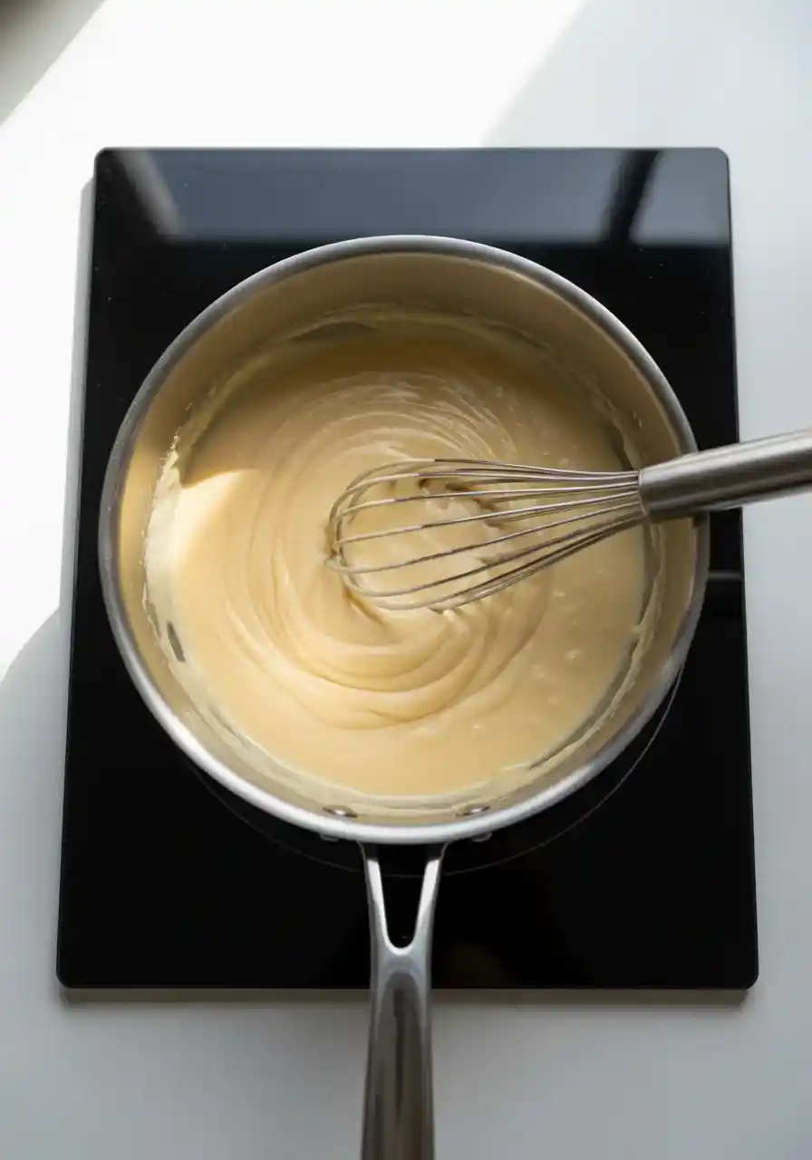 slow-cooker-chicken-wild-rice-soup-step3 ._compressed A saucepan on the stovetop with a creamy roux being whisked.