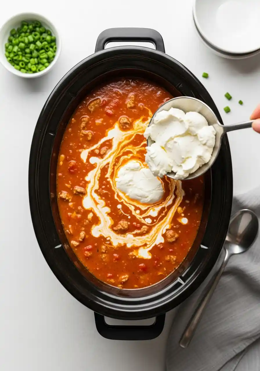 slow-cooker-cream-added-tomato-soup Chive and onion cream cheese melting into tomato soup in a black slow cooker.