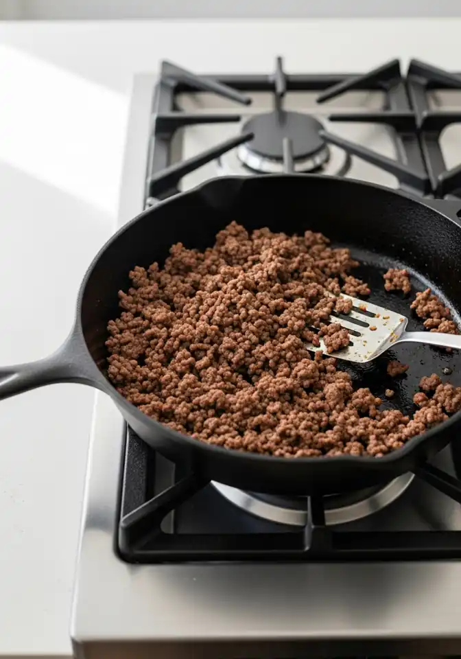 slow-cooker-pasta-e-fagioli-step-1 Ground beef browning in a skillet on the stovetop for slow cooker pasta e fagioli