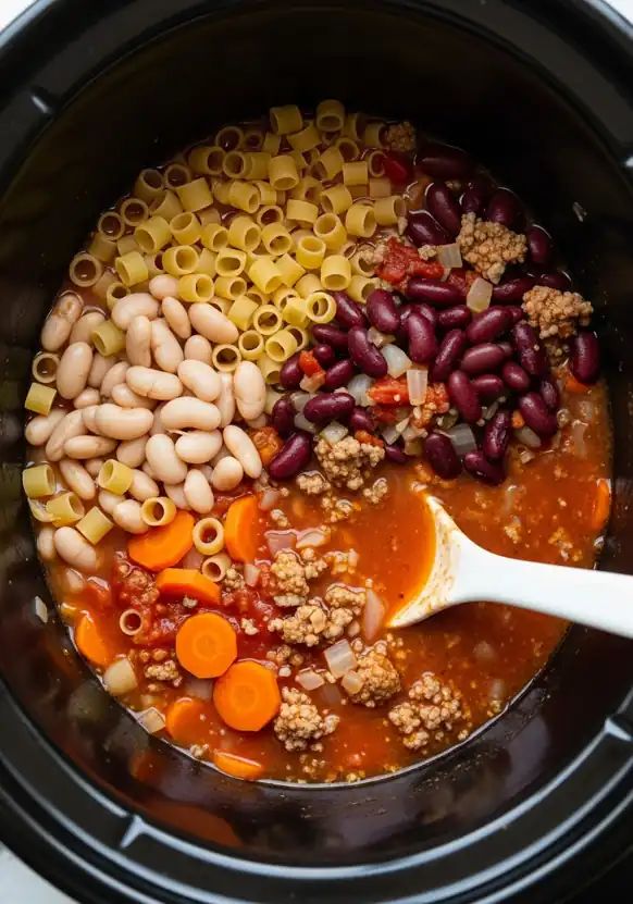 slow-cooker-pasta-e-fagioli-step-3 Beans and uncooked ditalini pasta added inside a slow cooker for pasta e fagioli soup