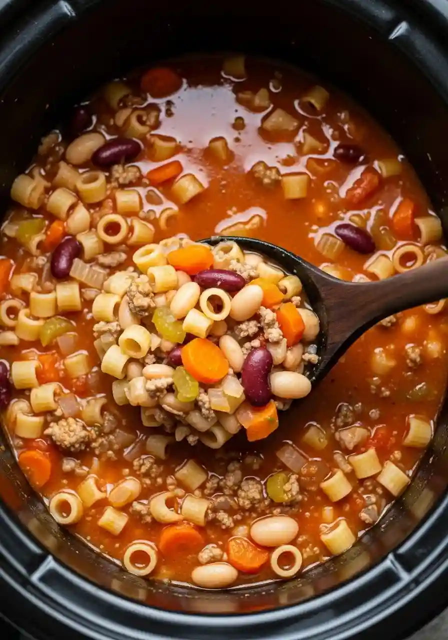 slow-cooker-pasta-e-fagioli-step-5._compressed Ladle scooping fully cooked slow cooker pasta e fagioli with beans, ditalini pasta, vegetables, and ground meat in tomato broth