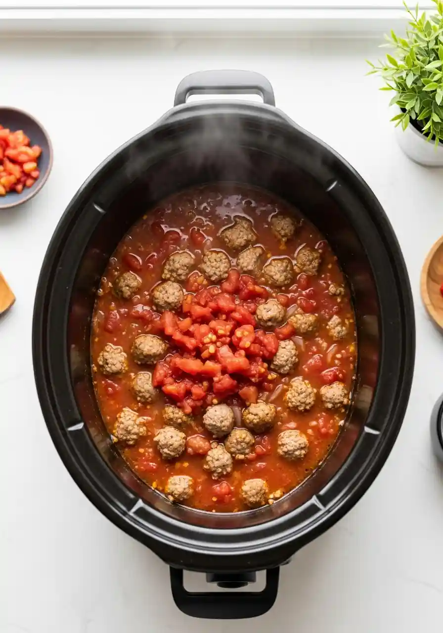 slow-cooker-sausage-tomatoes Italian sausage and diced tomatoes simmering inside a slow cooker for creamy tomato tortellini soup
