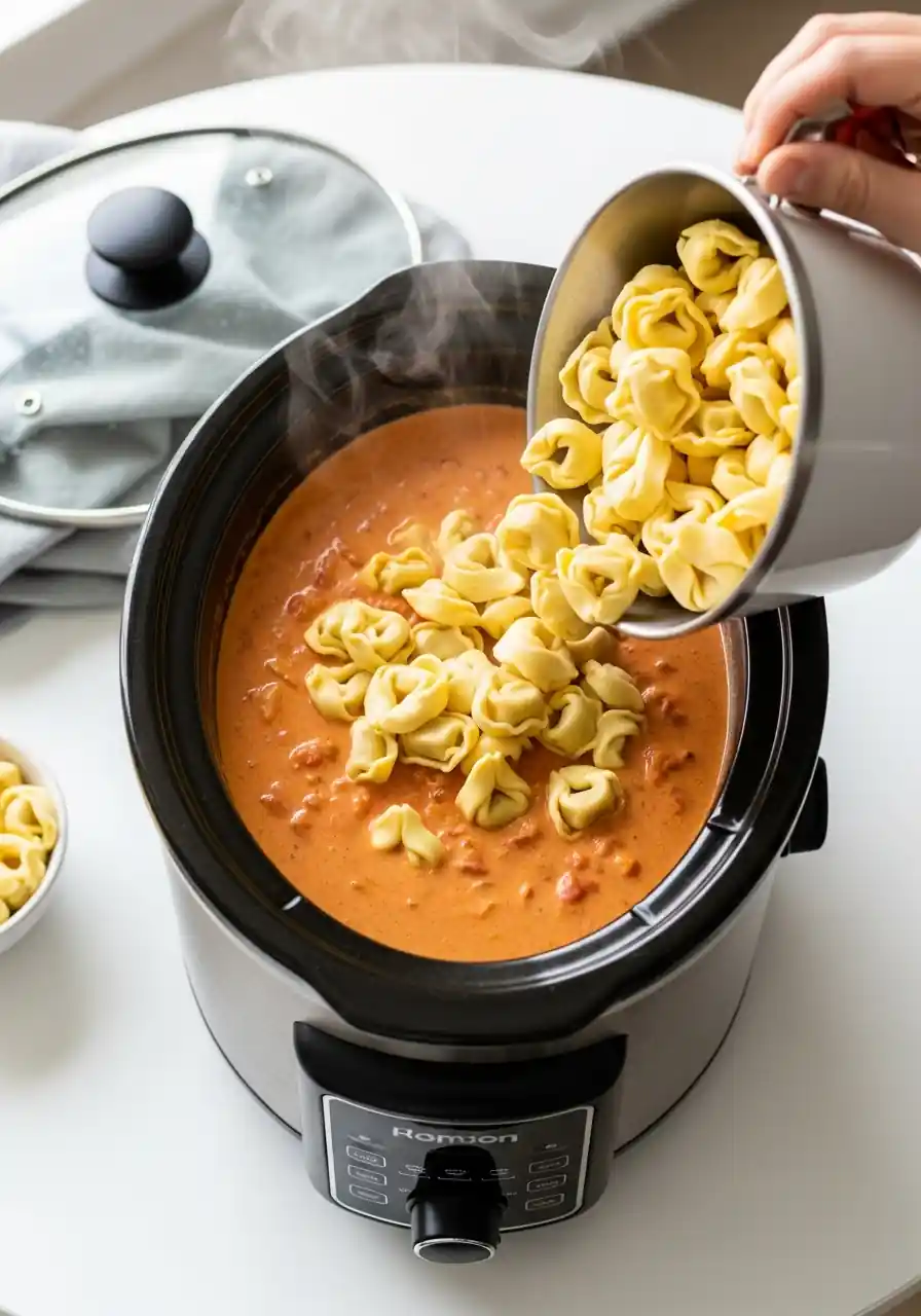 slow-cooker-tortellini-added (1) Cheese tortellini being added to creamy tomato soup in a black oval slow cooker.
