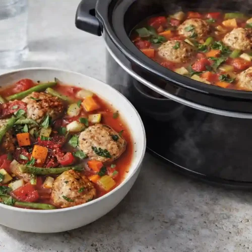 A cozy bowl of crockpot chicken meatball vegetable soup made without alcohol, topped with fresh herbs and green beans, served beside a slow cooker for an inviting homemade dinner scene.