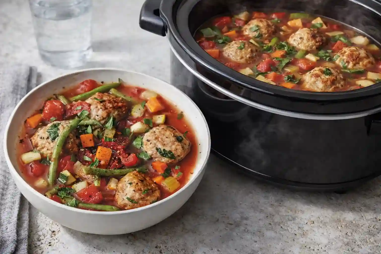 A cozy bowl of crockpot chicken meatball vegetable soup made without alcohol, topped with fresh herbs and green beans, served beside a slow cooker for an inviting homemade dinner scene.