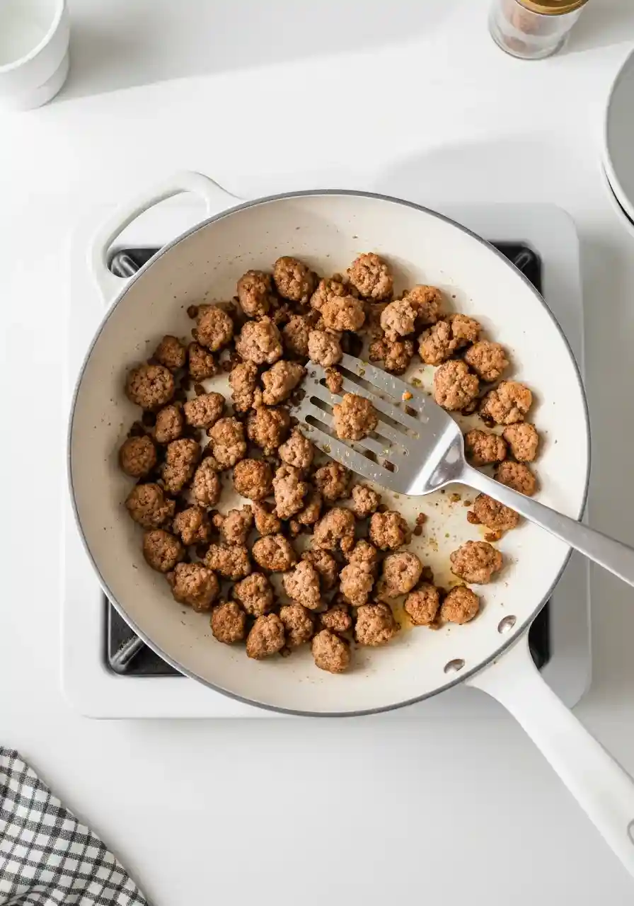 Browning Italian sausage in a skillet for Zuppa Toscana.