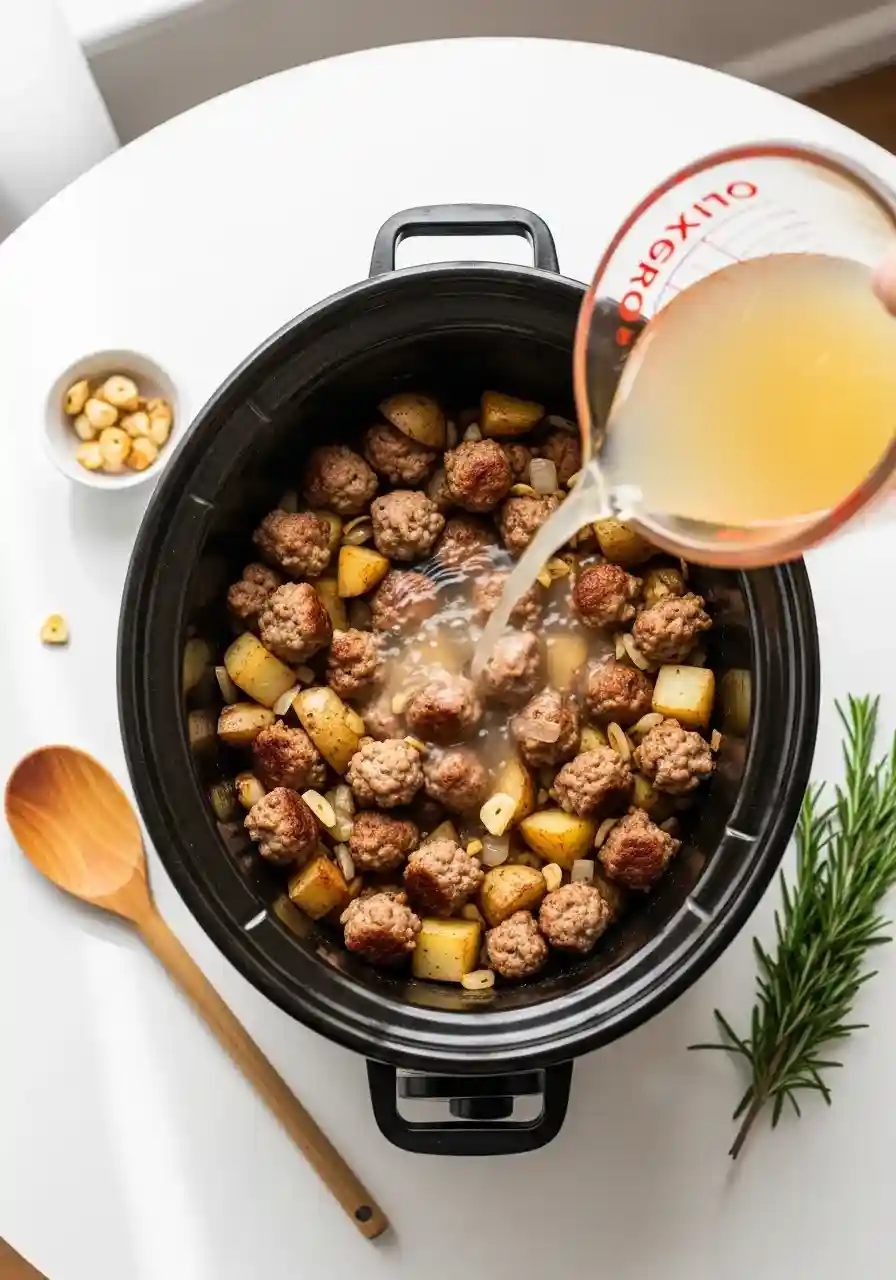 Slow cooker with browned crumbled Italian sausage, potatoes, onion, and broth being added.