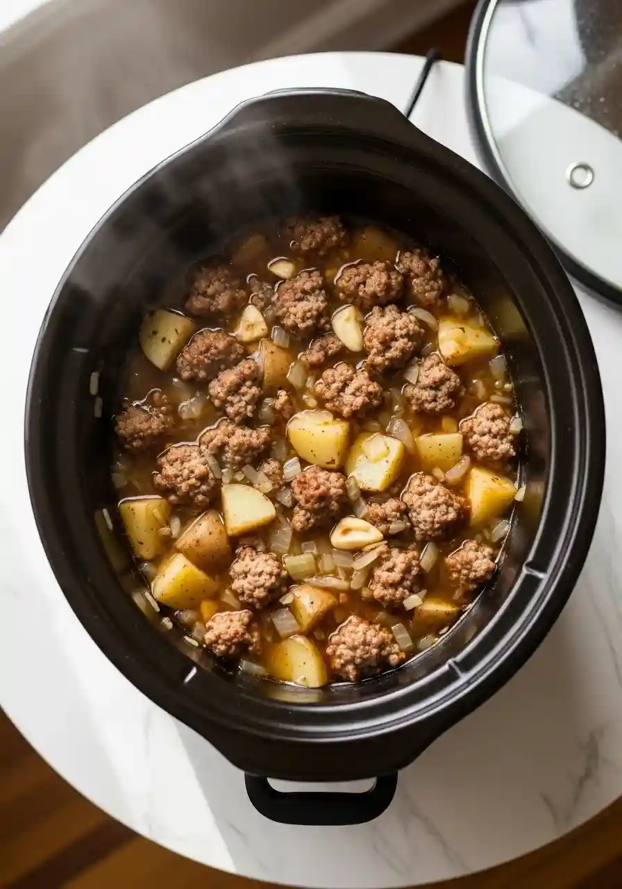 Zuppa Toscana simmering in the slow cooker with sausage, potatoes, and broth.