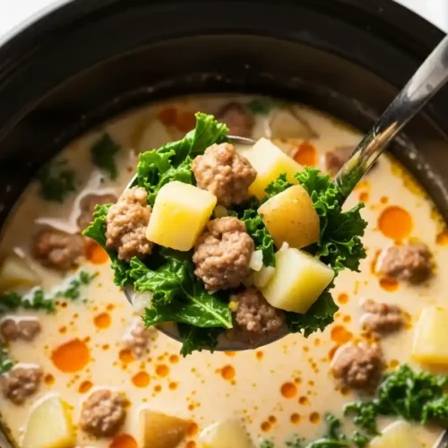 Creamy Zuppa Toscana with sausage, potatoes, and wilted kale in the slow cooker.