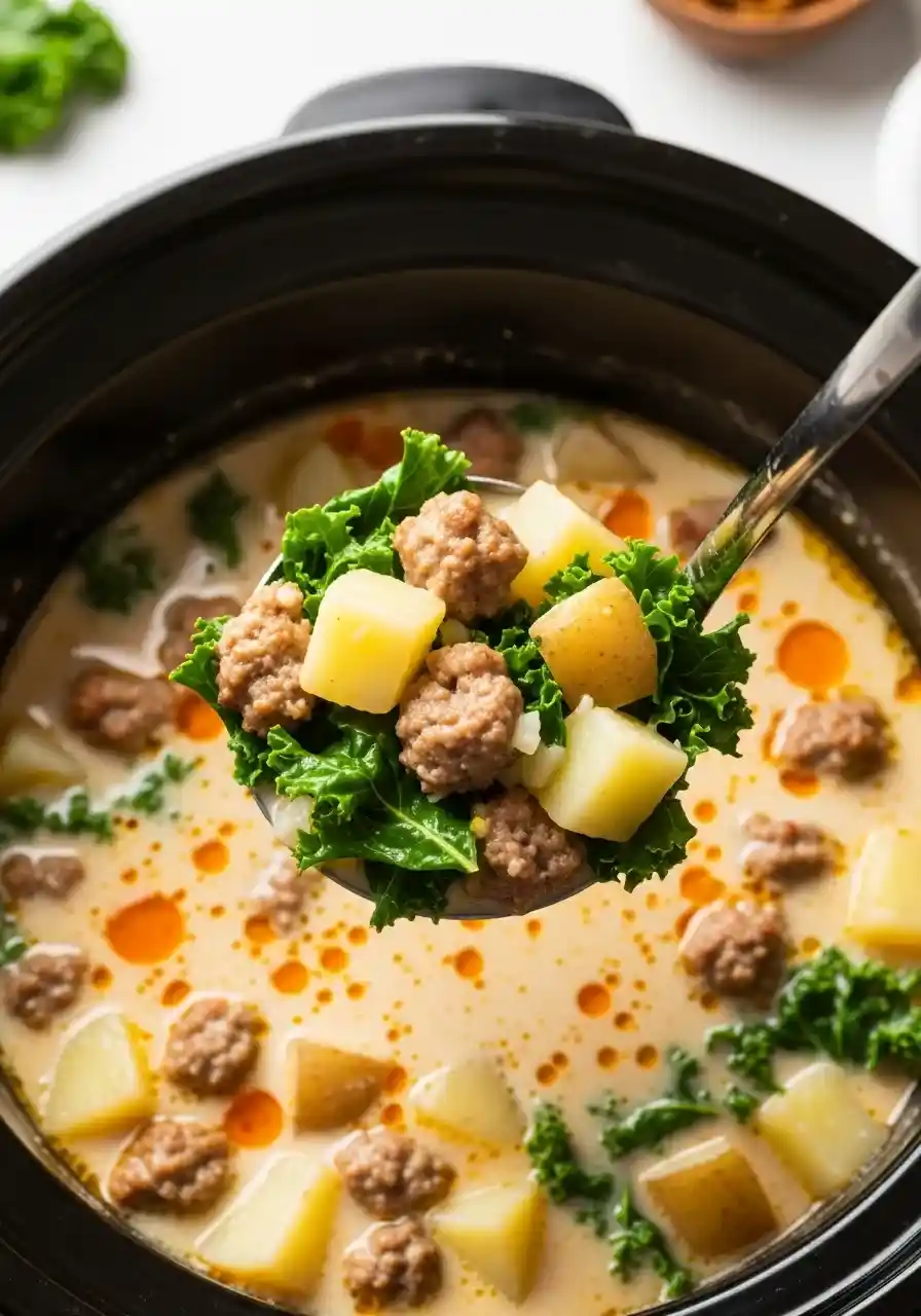 Creamy Zuppa Toscana with sausage, potatoes, and wilted kale in the slow cooker.