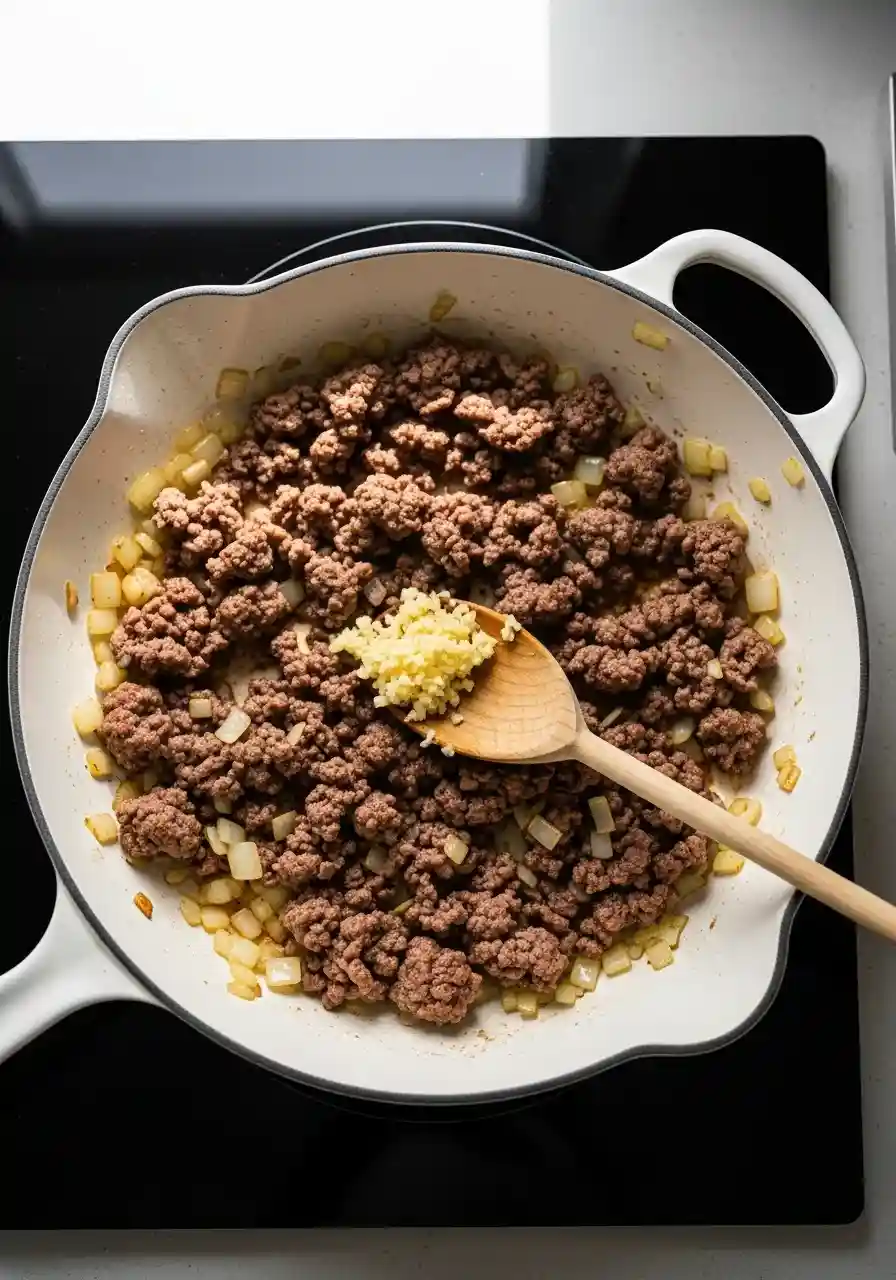 step1-browning-meat-onions-garlic._compressed Ground beef, onions, and garlic browning in a white skillet on the stovetop.