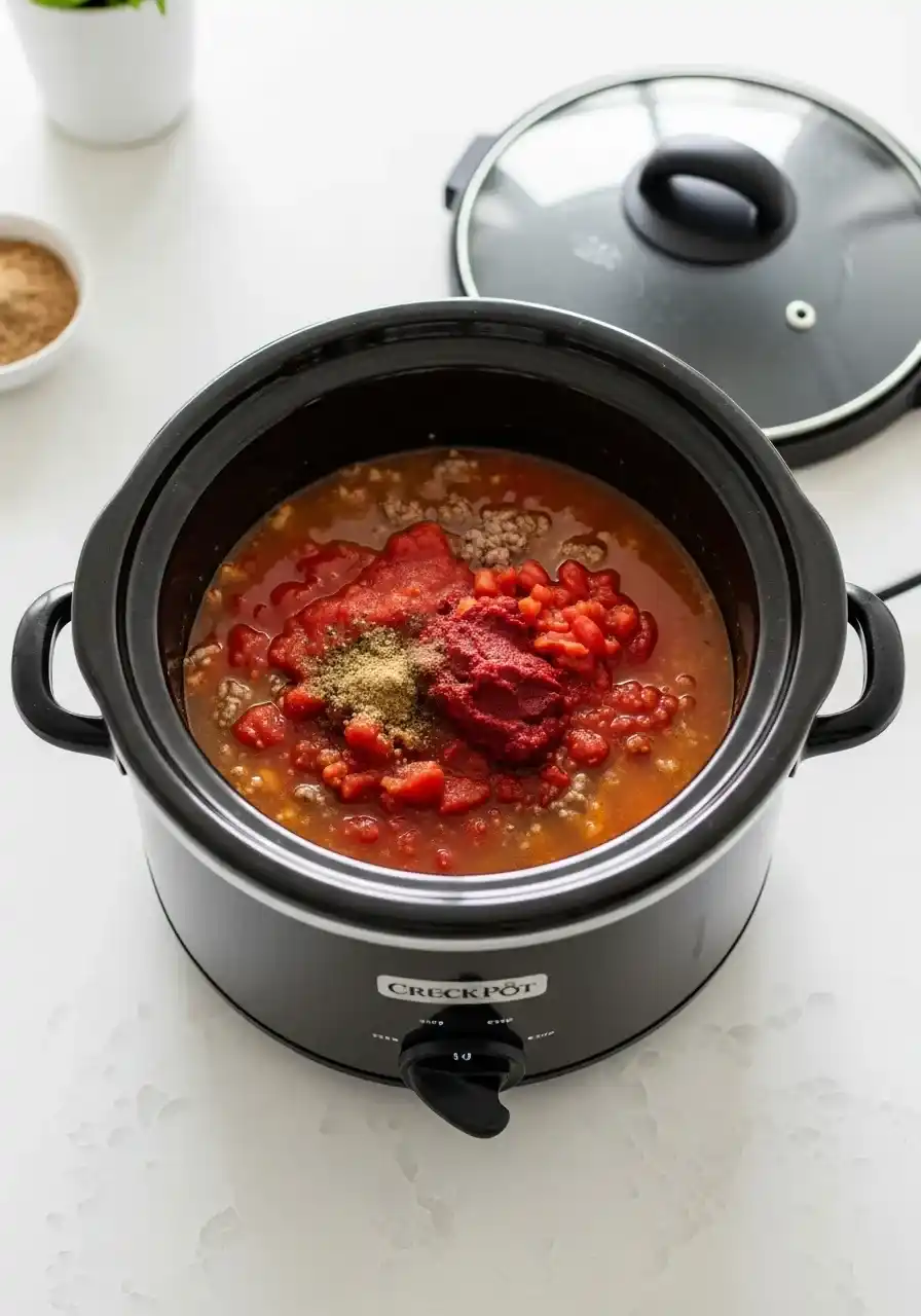 step2-combine-ingredients-charcoal-slow-cooker._compressed Ingredients for lasagna soup inside a charcoal gray Crock-Pot slow cooker.