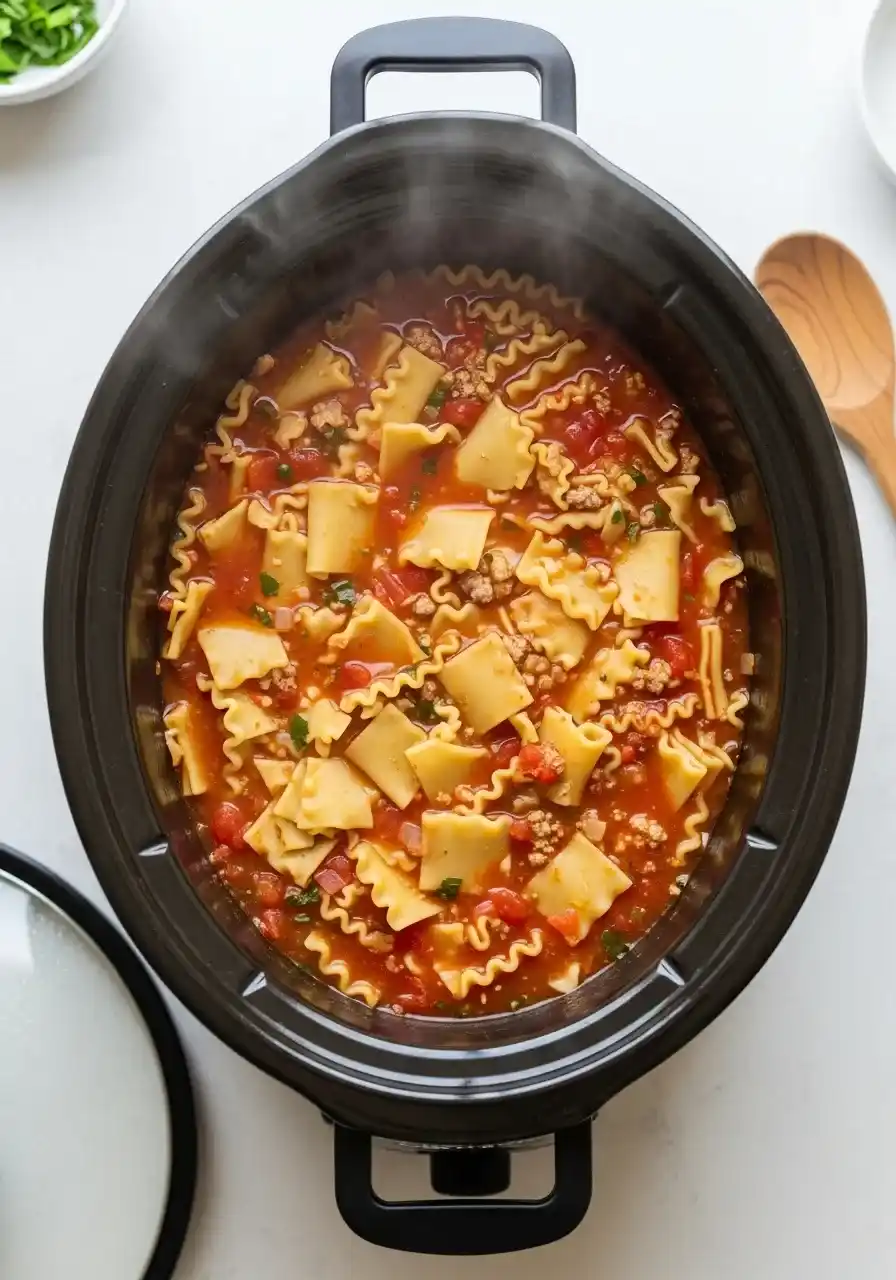 step3-add-noodles-crockpot._compressed (1) Broken lasagna noodles cooking inside a charcoal Crock-Pot filled with simmering soup.