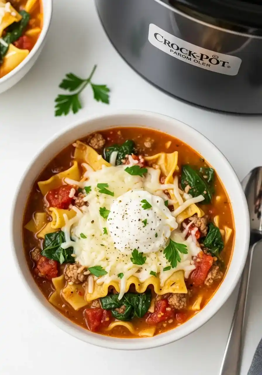 step4-serve-lasagna-soup-bowl. (1)_compressed A bowl of crockpot lasagna soup topped with ricotta, mozzarella, Parmesan, and fresh herbs.