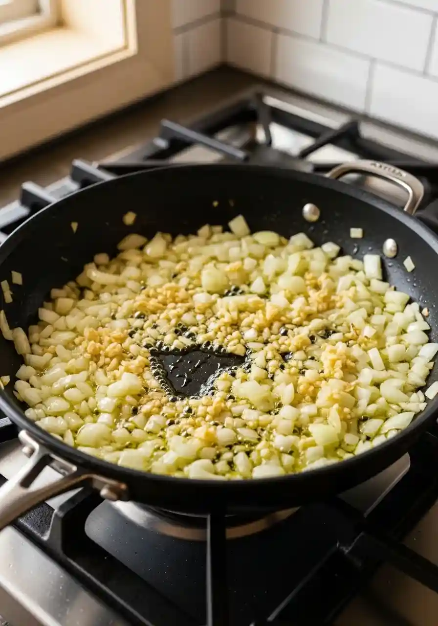 Skillet full of onions and garlic sautéing on the stovetop