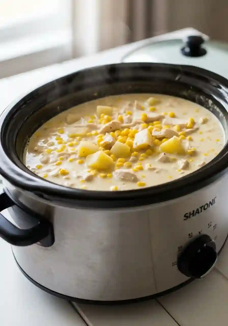 warm-through-chicken-corn-chowder._compressed Crockpot chicken corn chowder soup warming in slow cooker