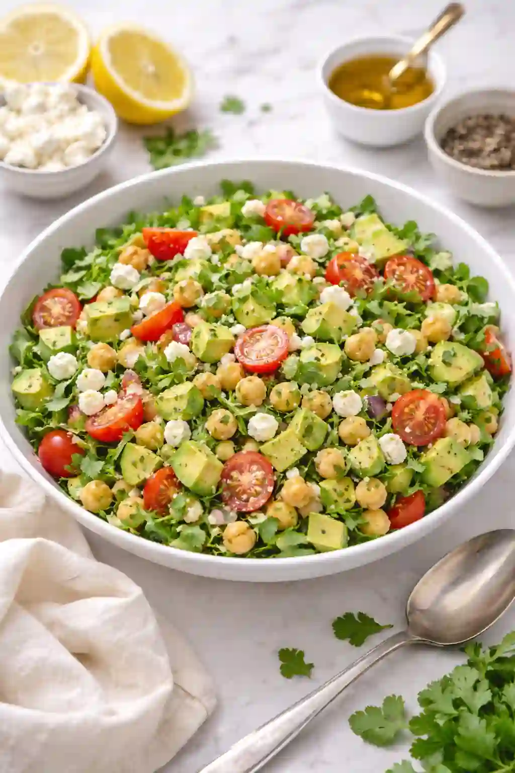 Overhead view of chickpea feta avocado salad with tomatoes, arugula, and lemon dressing in a white bowl.