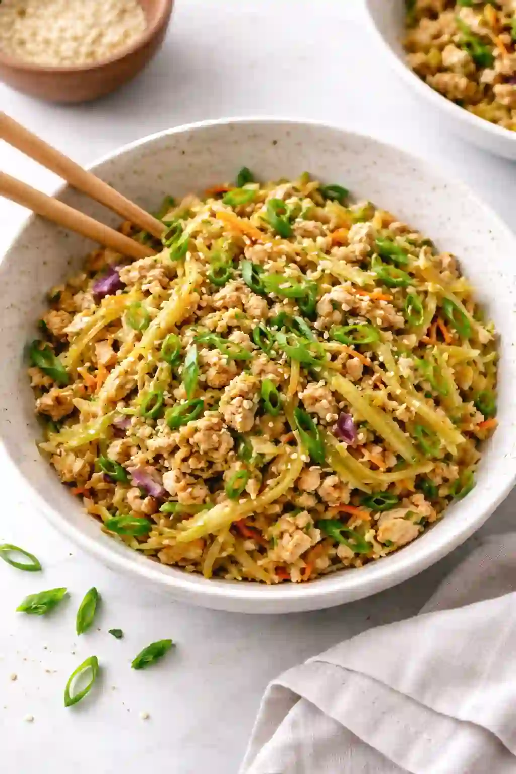 Chicken egg roll bowls made with ground chicken, cabbage, and vegetables, served in a ceramic bowl.