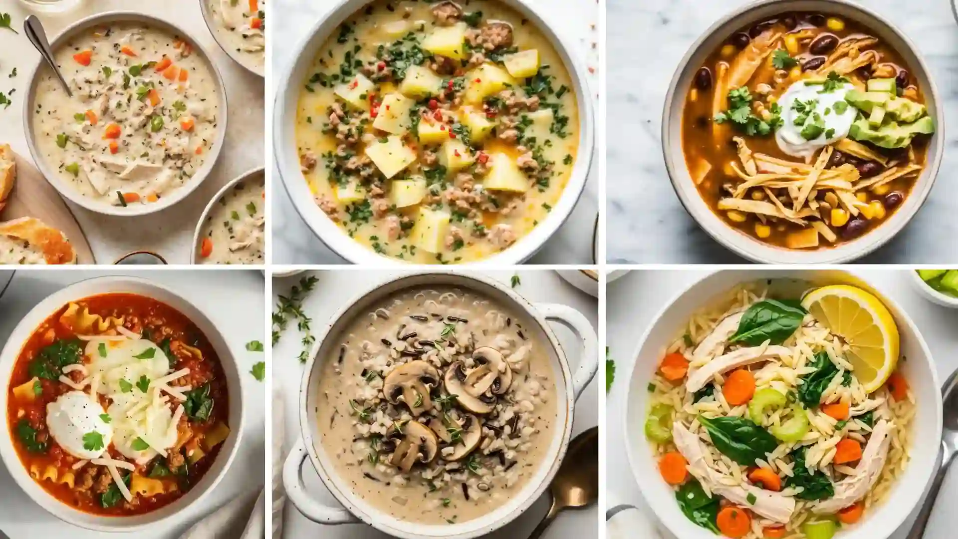25 Crockpot Soup Recipes to Warm Your Soul 8 A collage of cozy homemade crockpot soups including creamy vegetable soup, potato soup, chicken soup with carrots and spinach, and tortilla soup, styled as easy dinner ideas.