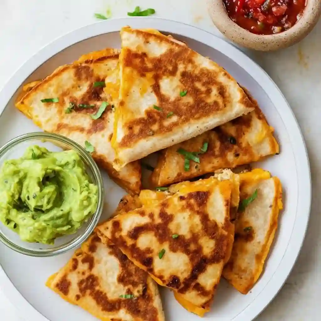 Whisk_1a709c4e9256cdebd424e6d02441e903eg (1)_compressed Crispy chicken quesadilla wedges on a white plate with guacamole and salsa