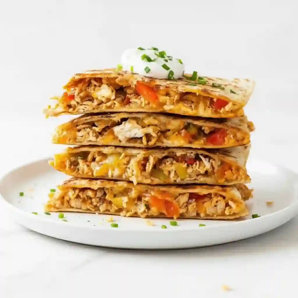 Crispy chicken quesadilla wedges stacked on a white plate with melted cheese