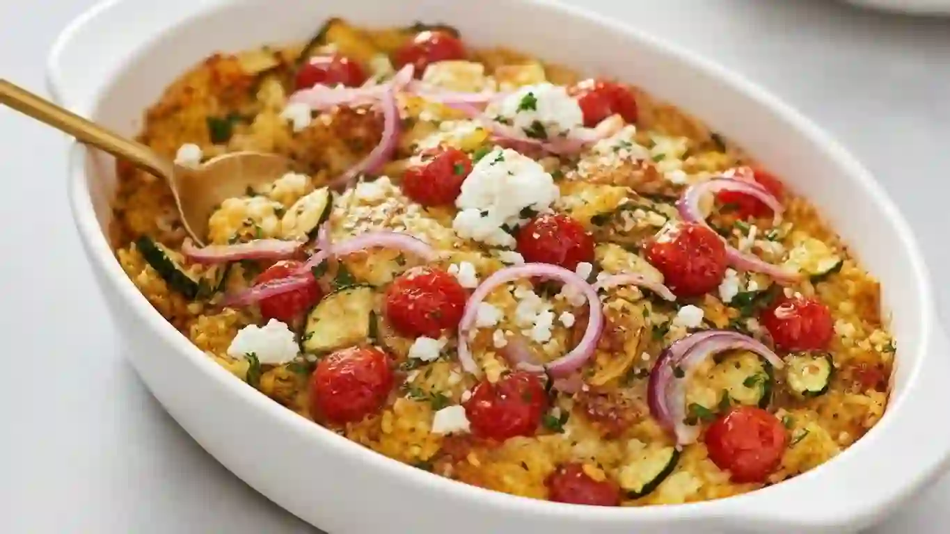 Whisk_e80120086b46401b35d483eebbabfe0adr_compressed Chicken tzatziki casserole baked uncovered with fluffy rice, zucchini, tomatoes, feta, and pickled red onions.