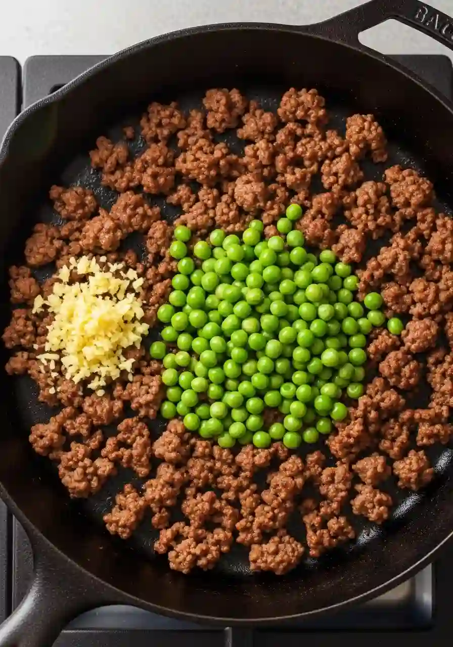 Overhead view of ginger and frozen peas added to browned ground beef in skillet