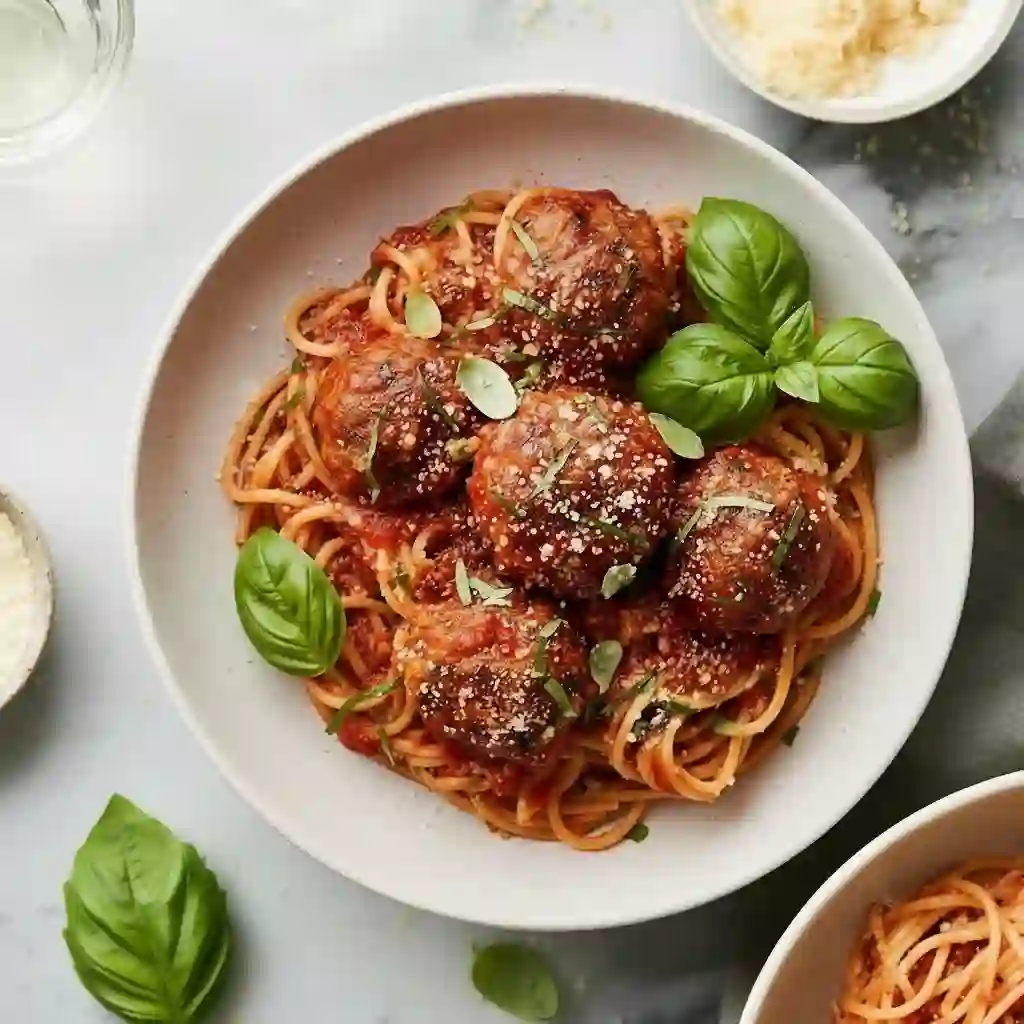 Baked Italian meatballs served over spaghetti with marinara sauce and Parmesan
