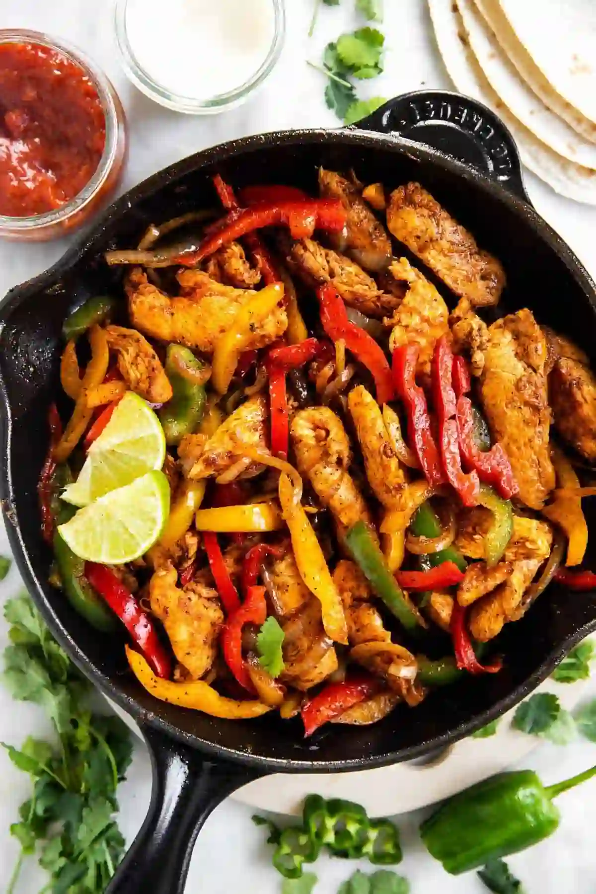 Easy chicken fajitas with peppers and onions in a cast-iron skillet